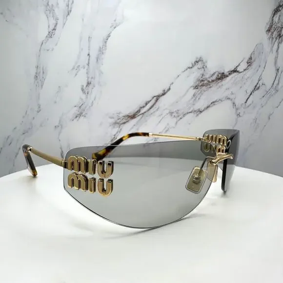 New MIU MIU Logo Sunglasses 2025 Runway Gold Slim Skinny Wrap Rimless Italy